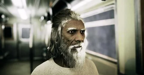 Elderly man with white beard riding a subway train in an urban setting Stock Illustration