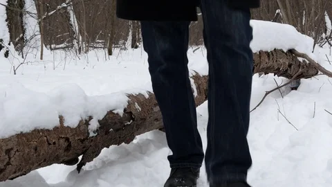 Elderly Man In Winter Forest Step Over Fallen Tree Stock Footage 85264103