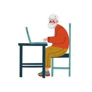 Elderly Man Working with Laptop Computer, Bearded Senior Man Daily Activity Illustrazione stock