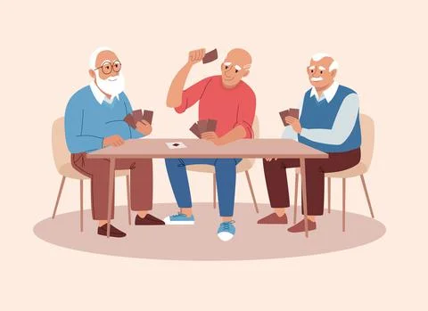 Elderly men have fun playing card board games. People of retirement age spend Stock Illustration