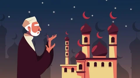 Elderly muslim man praying inside mosque yard at night animation for ramada.. Stock Footage 339115212