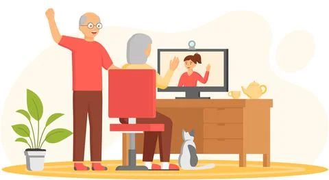 Elderly parents sitting at computer and talking to daughter. Online Stock Illustration
