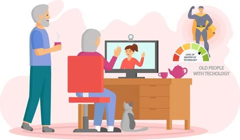 Elderly parents sitting at computer and talking to daughter. Online Illustrazione stock