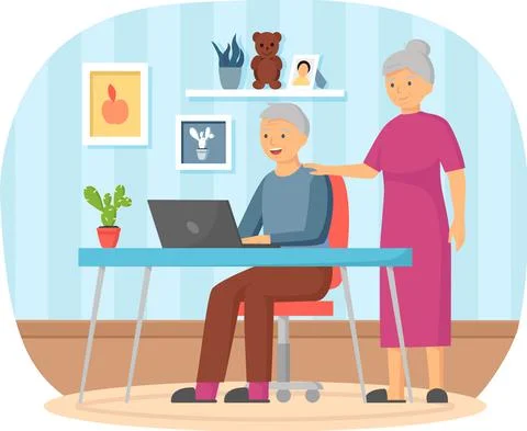 Elderly parents sitting at computer and talking to daughter. Online Stock Illustration