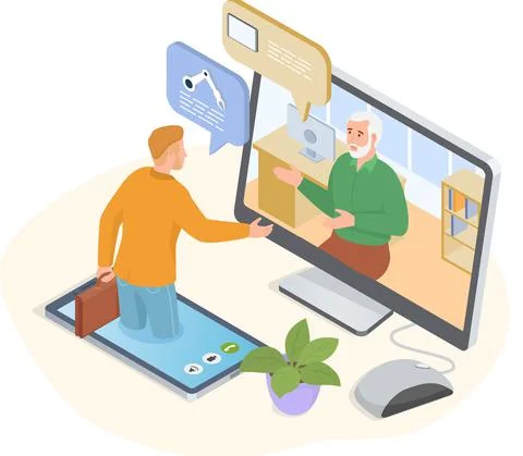 Elderly parents sitting at computer and talking to daughter. Online Illustrazione stock
