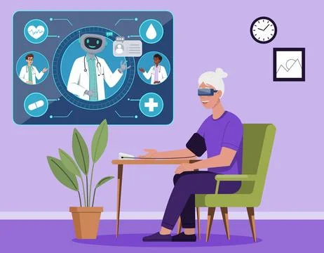 Elderly Patient Using Virtual Reality Telemedicine Stock Illustration