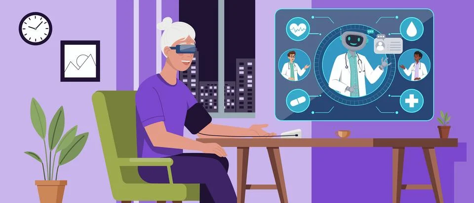 Elderly Patient Using Virtual Reality Telemedicine Stock Illustration
