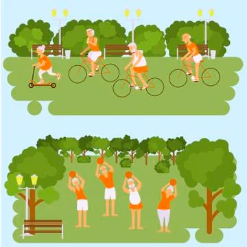 Elderly people doing exercises Stock Illustration