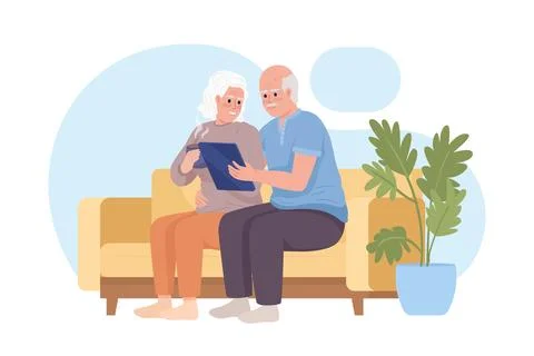 Elderly people learning how to use tablet 2D vector isolated illustration Stock Illustration