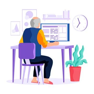 Elderly Person Working on Computer in a Comfortable Home Setup Stock Illustration
