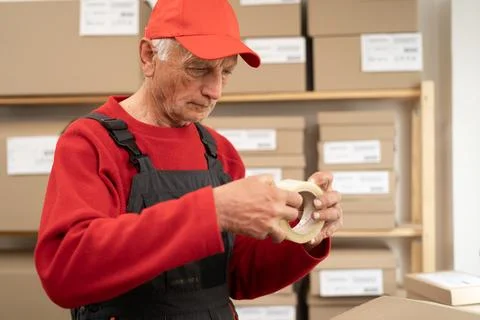 Elderly postal worker handling parcels at post office and preparing package.. Stock Photos