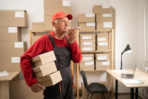 Elderly postal worker holding parcels in warehouse using AI voice assistant Stock Photos