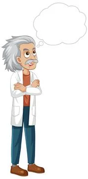 Elderly Scientist in Lab Coat Thinking with Empty Thought Bubble Stock Illustration