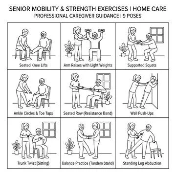 Elderly senior mobility and strength exercises with caregiver guidance, hom.. Stock Illustration