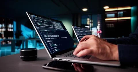 Elderly Senior Programmer Debugging Code On Multiple Laptops At Night. 스톡 사진