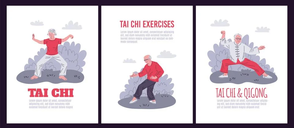 Elderly Tai Chi practice. Vector illustration set Stock Illustration