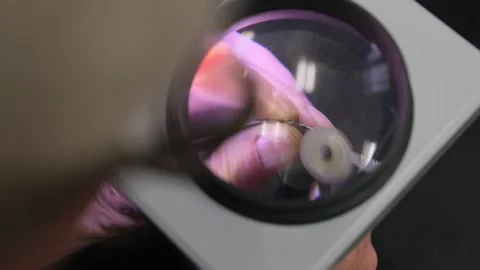 Elderly technician sharpening small scissors under a magnifying glass, focusing Stock Footage 301295382