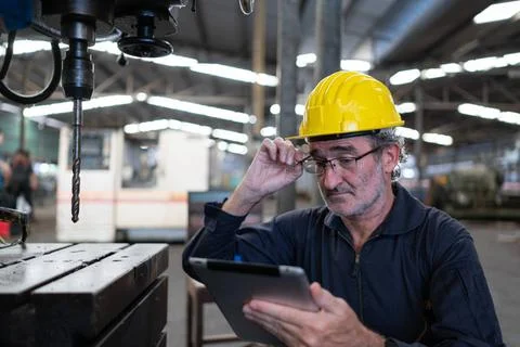 An elderly technician uses a computer to test the operation control of a s... Stock Photos