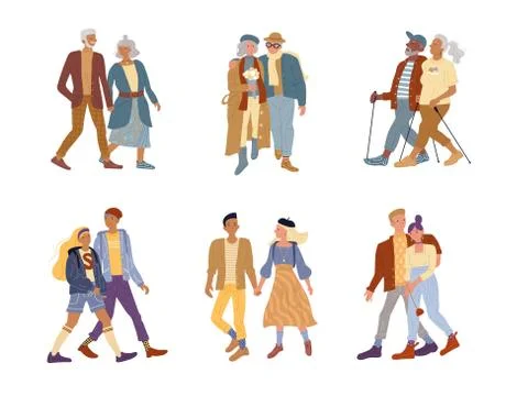 Elderly vs young generations isolated couple set Stock Illustration