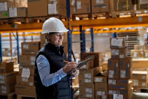 Elderly warehouse manager or supervisor reading document in clipboard. Stock Photos