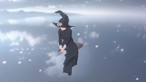 Elderly Witch Flying Above The Clouds On Her Broomstick,  Isometric View Stock Footage 346487481