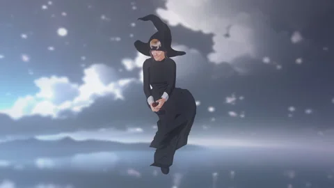Elderly Witch Flying Above The Clouds On Her Broomstick And Laughing Stock Footage 346488184
