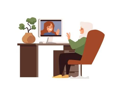 Elderly woman communicates using computer flat vector illustration isolated. Stock Illustration