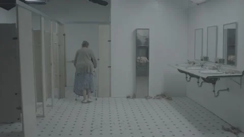 Elderly woman entering public restroom stall  Stock Footage