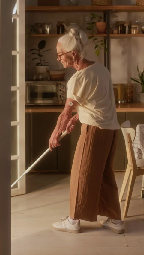 Elderly Woman with Glucose Control Patch Mopping Floor in Kitchen Stock Footage 320972444