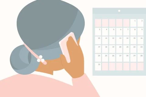 Elderly woman scheduling an appointment over the phone while looking at calendar Stock Illustration
