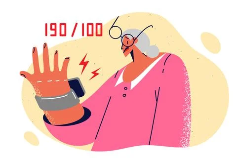 Elderly woman with tanometer to measure from blood pressure suffers from Stock Illustration