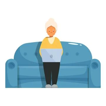 Elderly woman using laptop while standing in front of sofa Stock Illustration