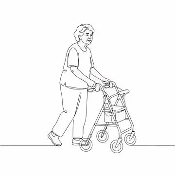 Elderly woman using walking frame aid Silhouette Stock Illustration
