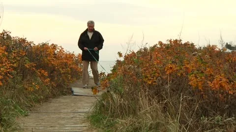 Elderly woman walks dog from ocean Stock Footage