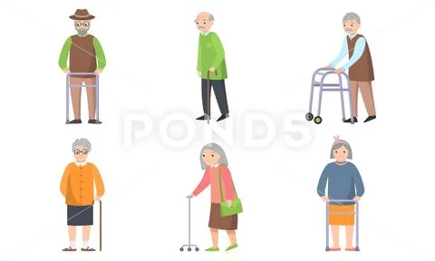 Elderly women and men with clubs and walkers vector illustration ~ Clip ...