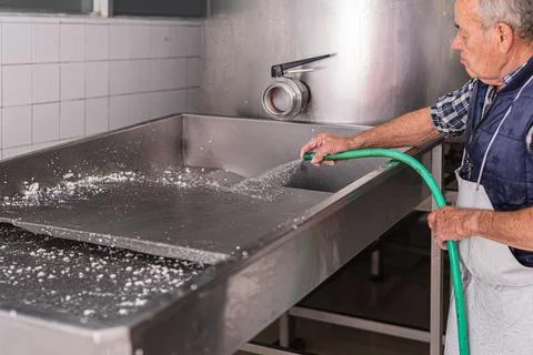 Elderly worker hosing down the work area of a fresh cheese factory Stock Photos