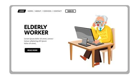 Elderly Worker Working At Computer Screen Vector Stock Illustration