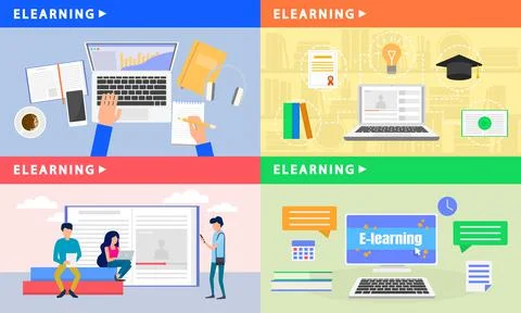 Elearning banner set, flat style Ilustração Stock