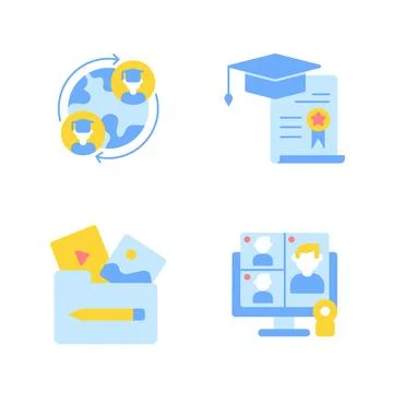 Elearning with online courses vector flat color icon set イラスト素材