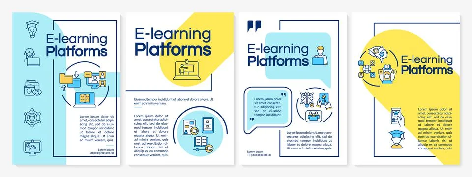 Elearning platforms blue and yellow brochure template Stock Illustration