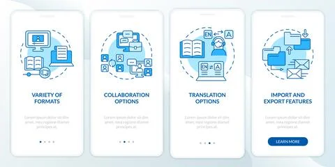 Elearning platforms features blue onboarding mobile app screen Stock Illustration