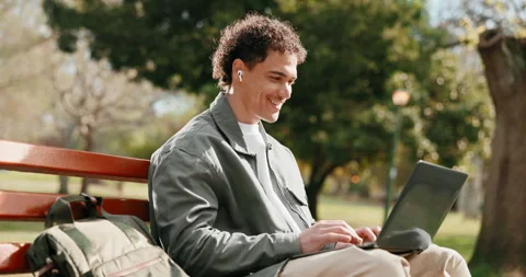 Elearning, smile or university student in park with laptop, exam knowledge or Stock Footage 346123552