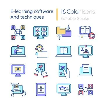 Elearning software and techniques RGB color icons set Illustrazione stock