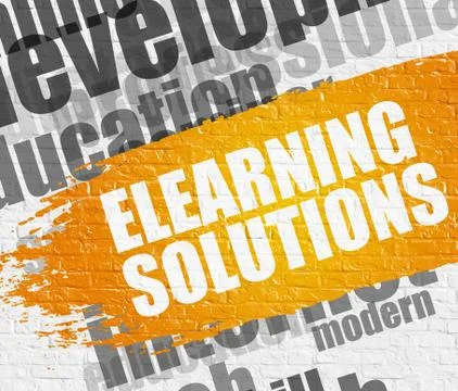 Elearning Solutions on the Brickwall. Wordcloud Concept. Stock Illustration