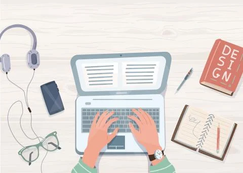 Elearning study, work at home concept design. Laptop with human hands on it 库存插图