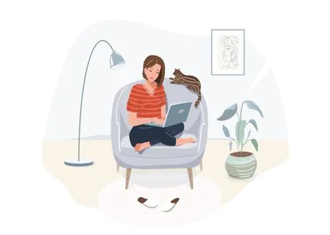 Elearning study, work at home, online education concept design. Girl with laptop 库存插图