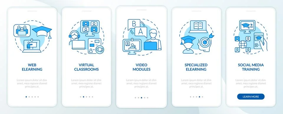 Elearning types blue onboarding mobile app screen Stock Illustration