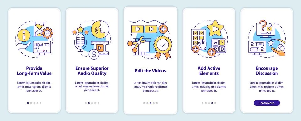 Elearning video tips onboarding mobile app screen Illustrazione stock