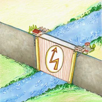 Electic dam on a river illustration Stock Illustration