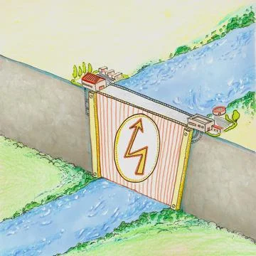 Electic dam on a river illustration Stock Illustration